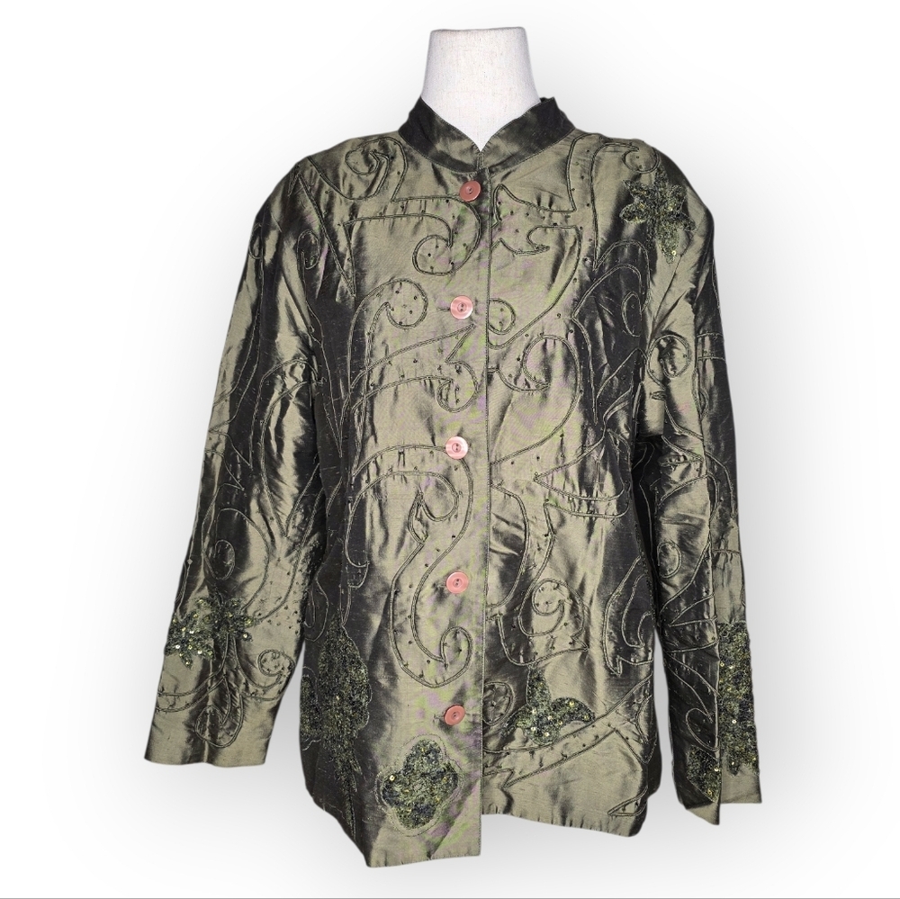 Vintage ANAGE Woman 1X Silk Embellished Beaded Jacket Olive